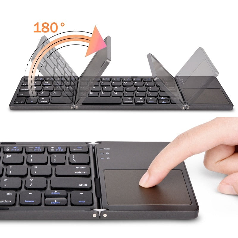 Teclado dobrável sem fio com touchpad.